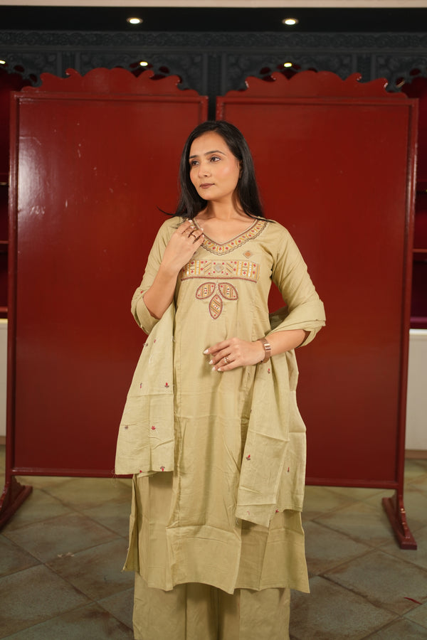 Beige Embroidered Kurti Set