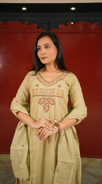 Beige Embroidered Kurti Set