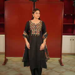Black Folk-Print Kurti Set