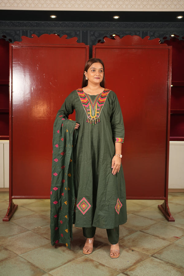 Forest Green Geometric Kurti Set