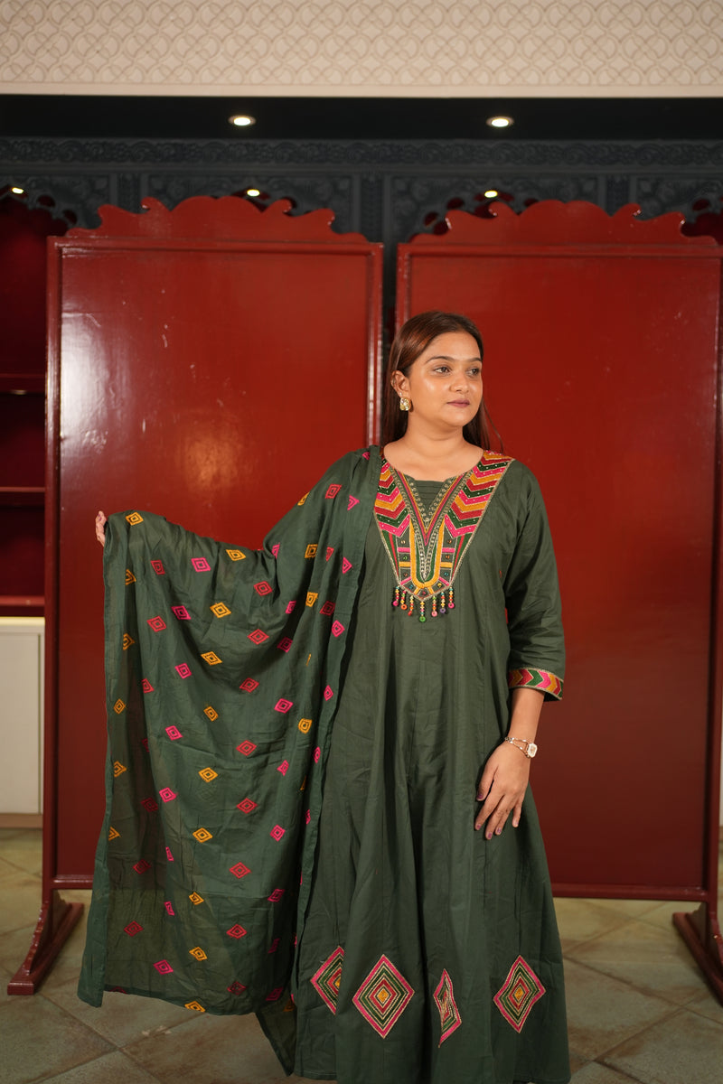 Forest Green Geometric Kurti Set