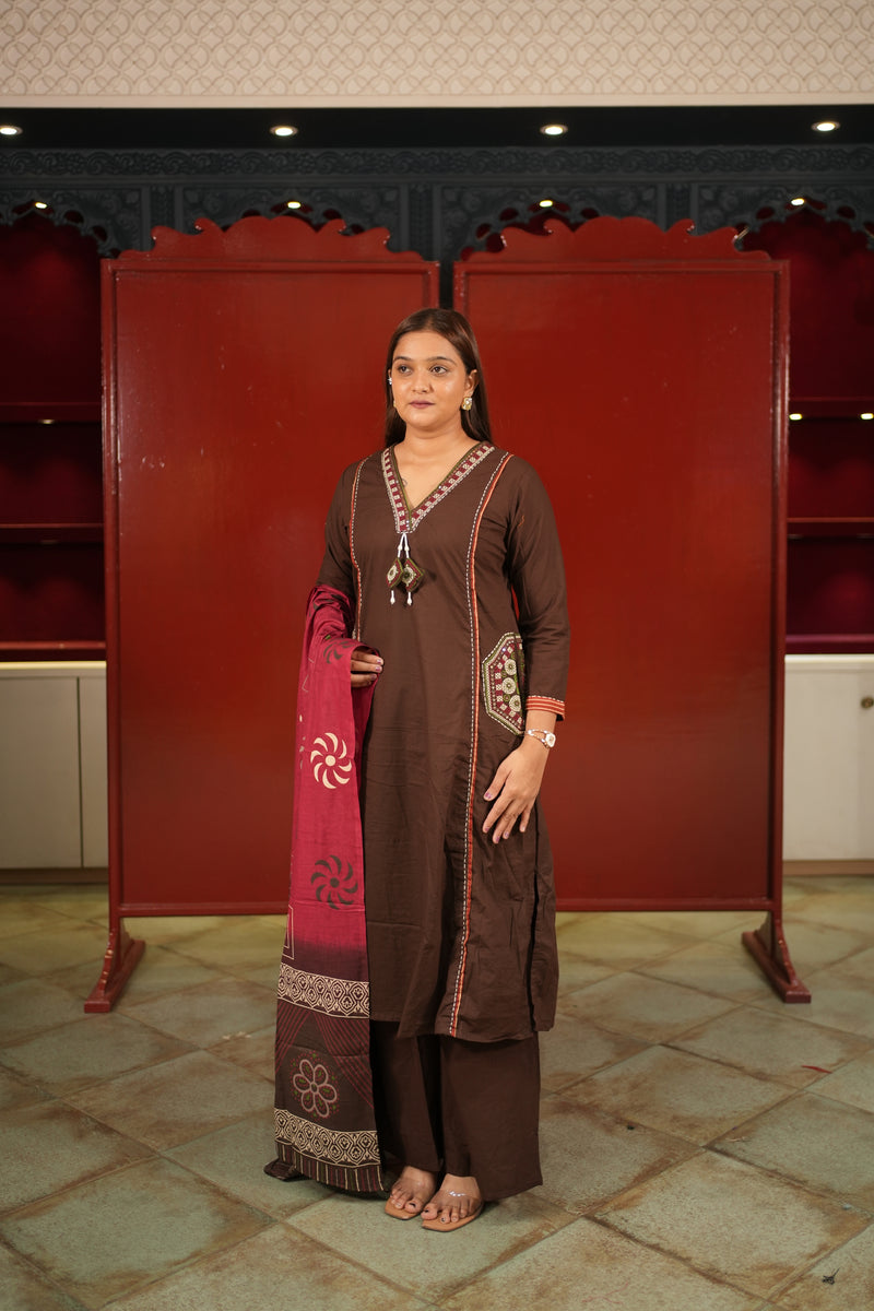 Coffee Colour-Block Kurti Set