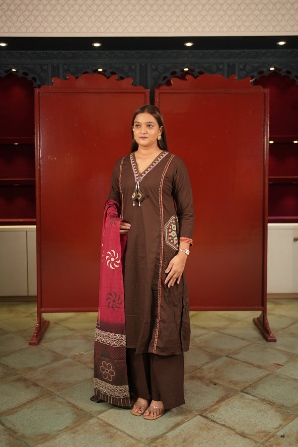 Coffee Colour-Block Kurti Set
