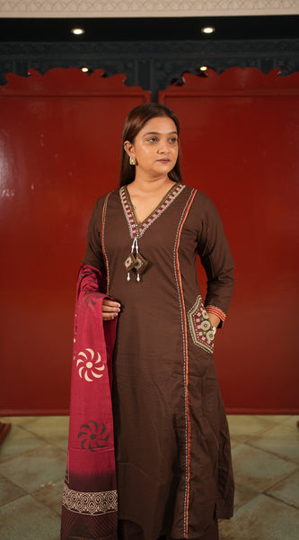 Coffee Colour-Block Kurti Set