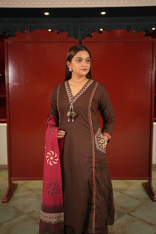 Coffee Colour-Block Kurti Set