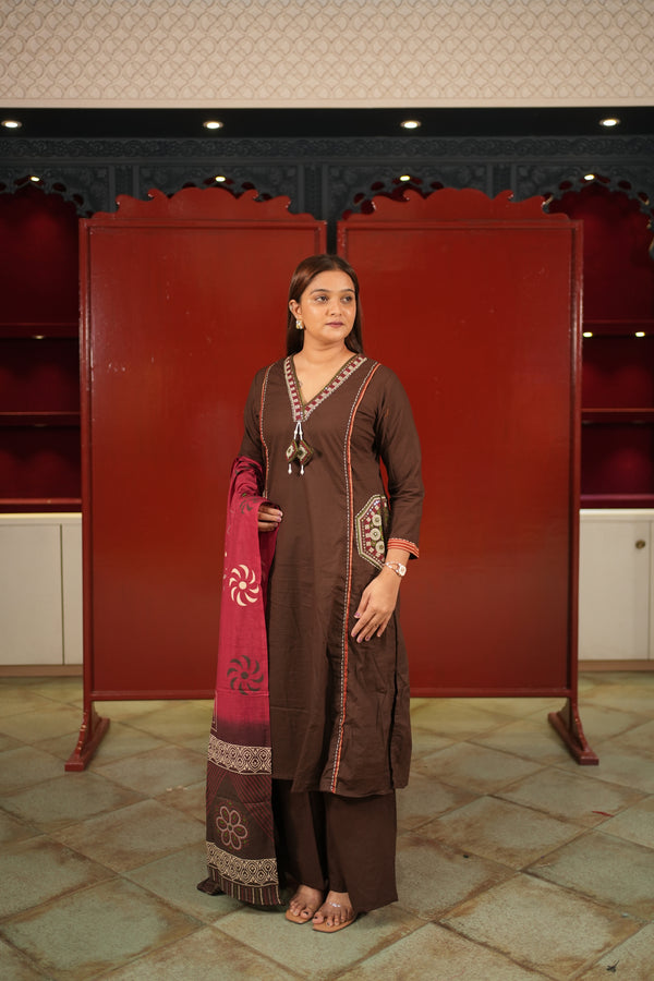 Coffee Colour-Block Kurti Set