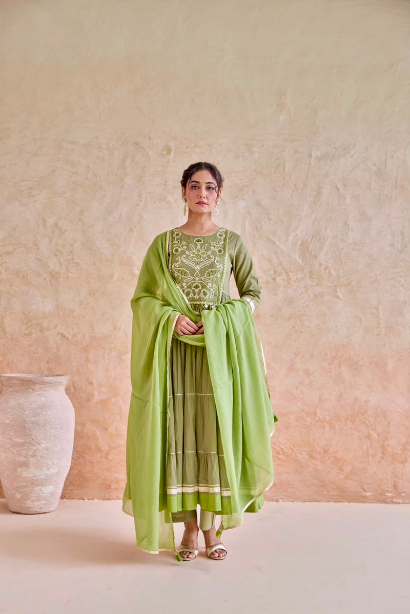 Olive Embroidered Tiered Anarkali Suit
