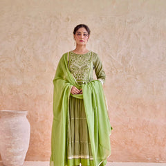 Olive Embroidered Tiered Anarkali Suit