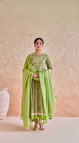 Olive Embroidered Tiered Anarkali Suit