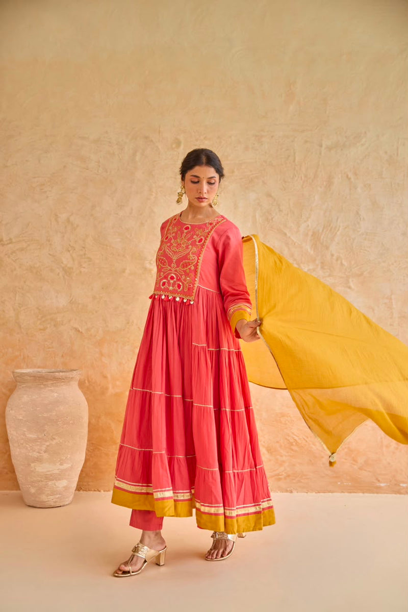Pink Tiered Gota Embroidery Anarkali Set
