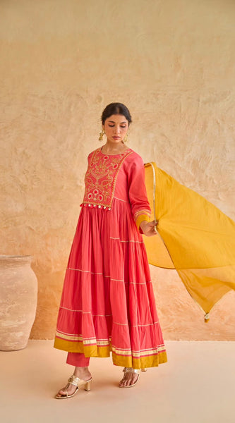 Pink Tiered Gota Embroidery Anarkali Set