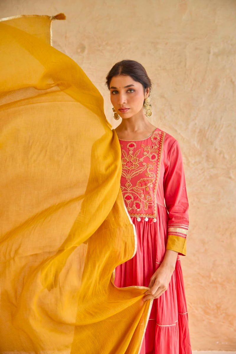 Pink Tiered Gota Embroidery Anarkali Set
