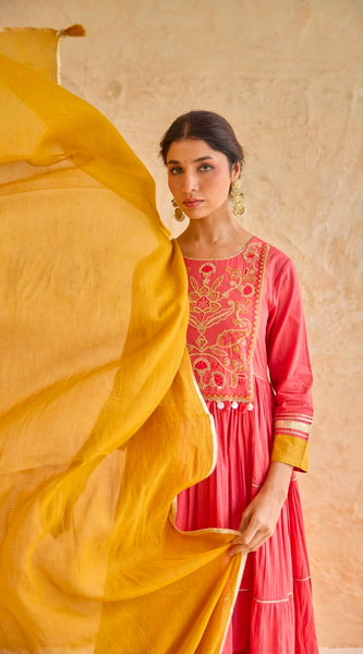 Pink Tiered Gota Embroidery Anarkali Set
