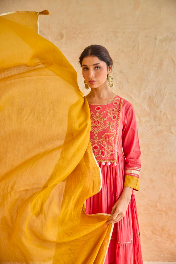 Pink Tiered Gota Embroidery Anarkali Set