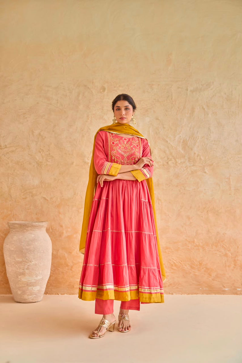 Pink Tiered Gota Embroidery Anarkali Set