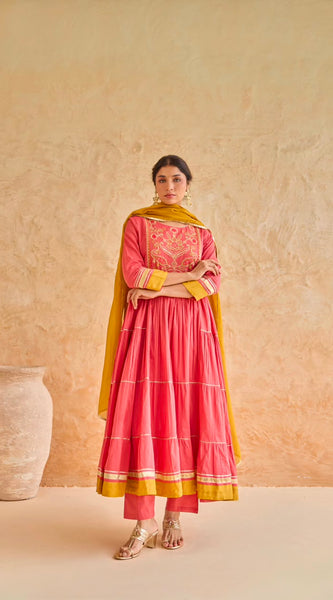 Pink Tiered Gota Embroidery Anarkali Set