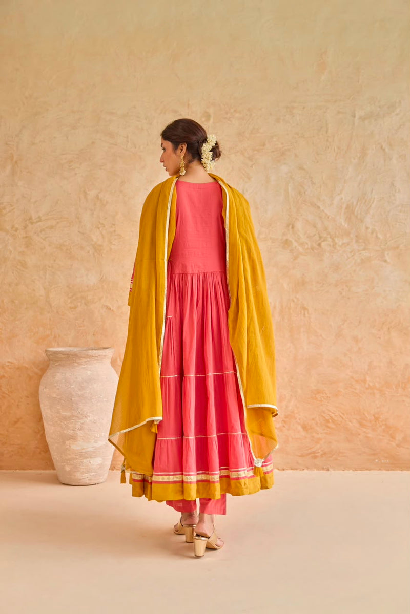 Pink Tiered Gota Embroidery Anarkali Set