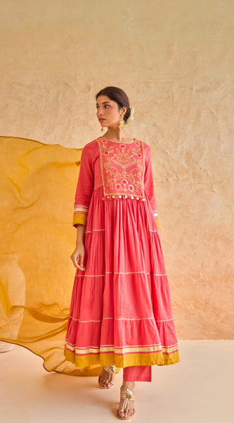 Pink Tiered Gota Embroidery Anarkali Set