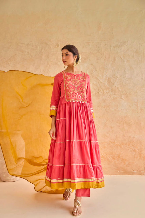 Pink Tiered Gota Embroidery Anarkali Set