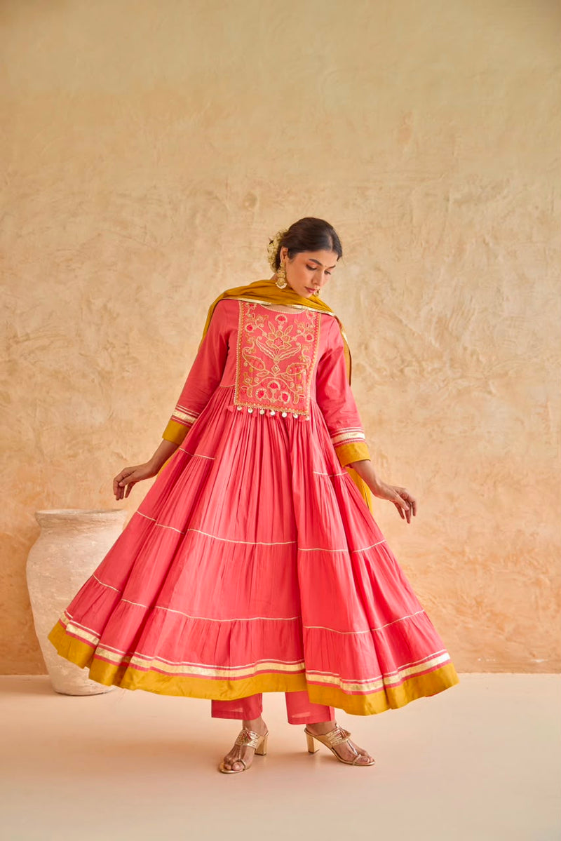Pink Tiered Gota Embroidery Anarkali Set