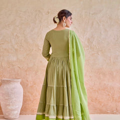 Olive Embroidered Tiered Anarkali Suit