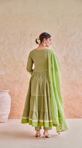 Olive Embroidered Tiered Anarkali Suit