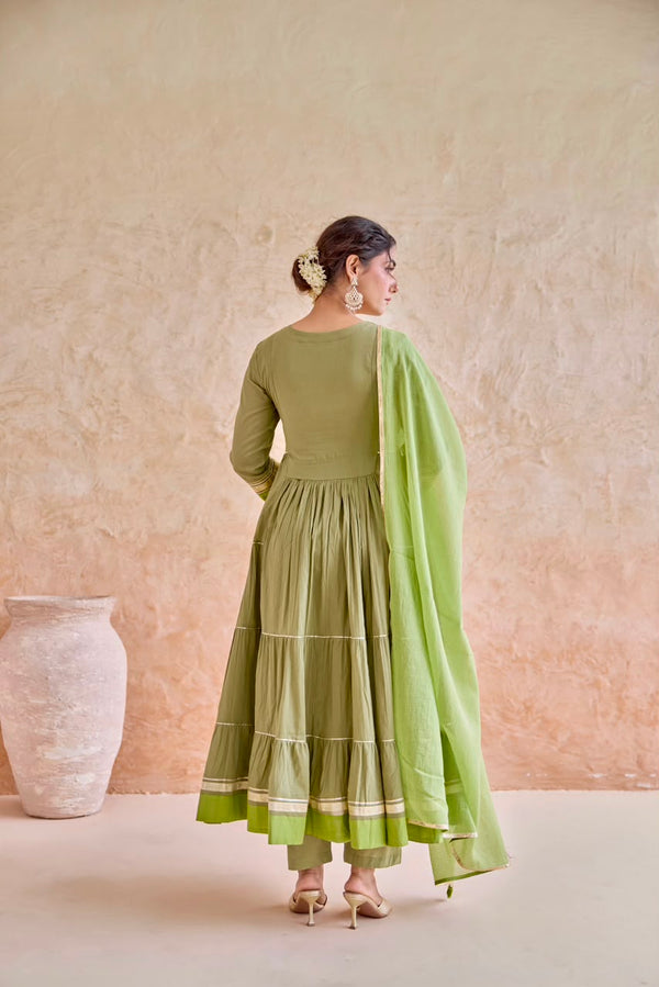 Olive Embroidered Tiered Anarkali Suit