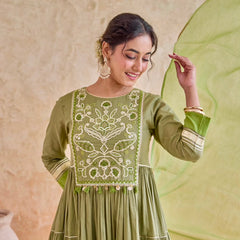 Olive Embroidered Tiered Anarkali Suit