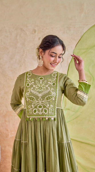 Olive Embroidered Tiered Anarkali Suit