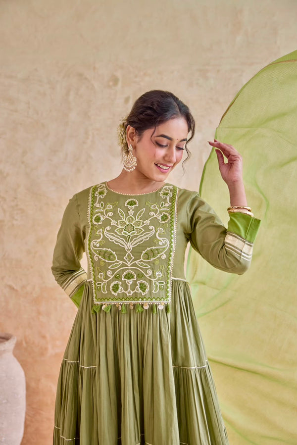 Olive Embroidered Tiered Anarkali Suit