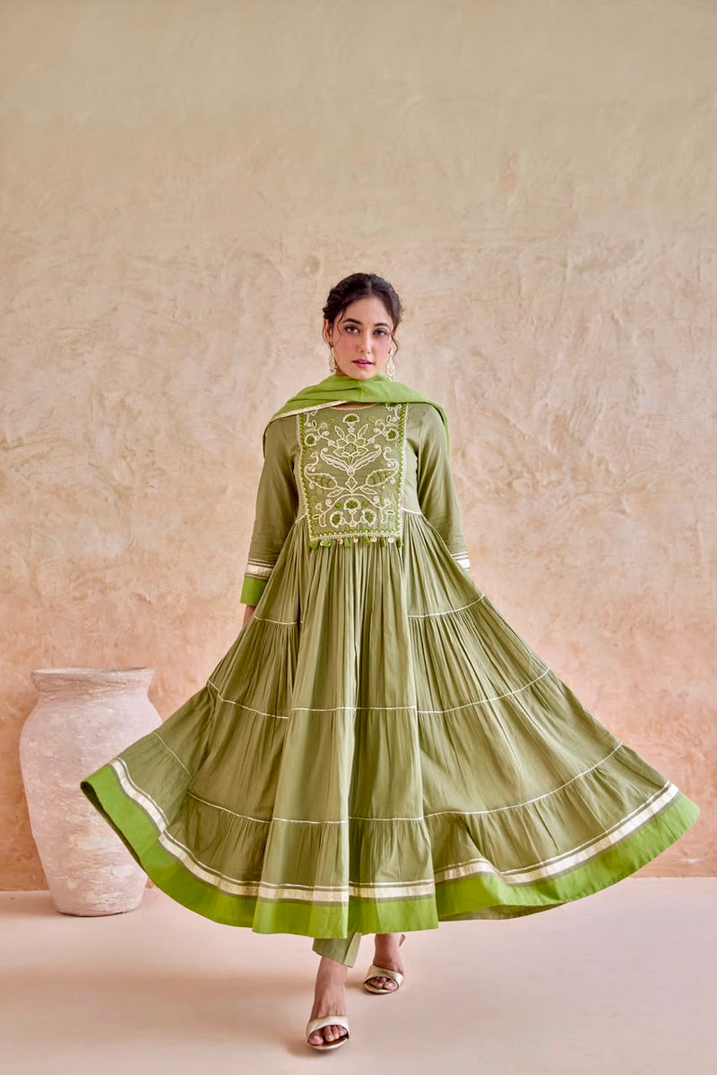 Olive Embroidered Tiered Anarkali Suit