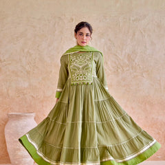 Olive Embroidered Tiered Anarkali Suit