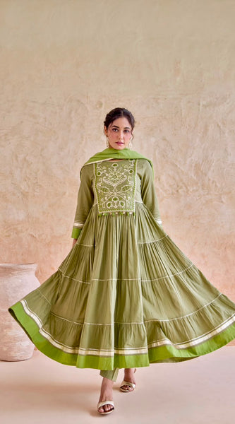 Olive Embroidered Tiered Anarkali Suit