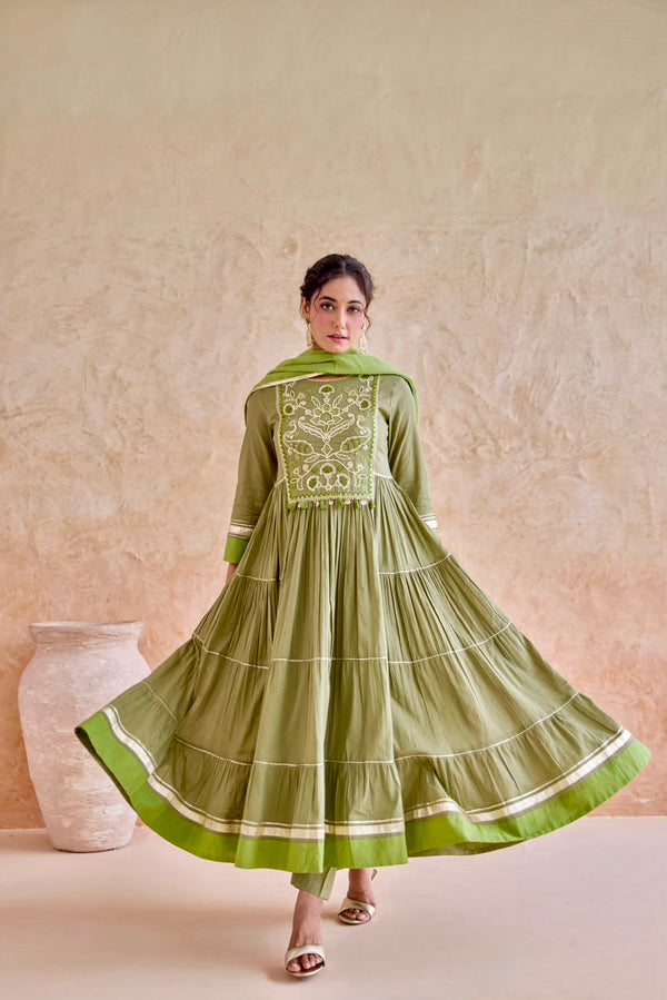 Olive Embroidered Tiered Anarkali Suit