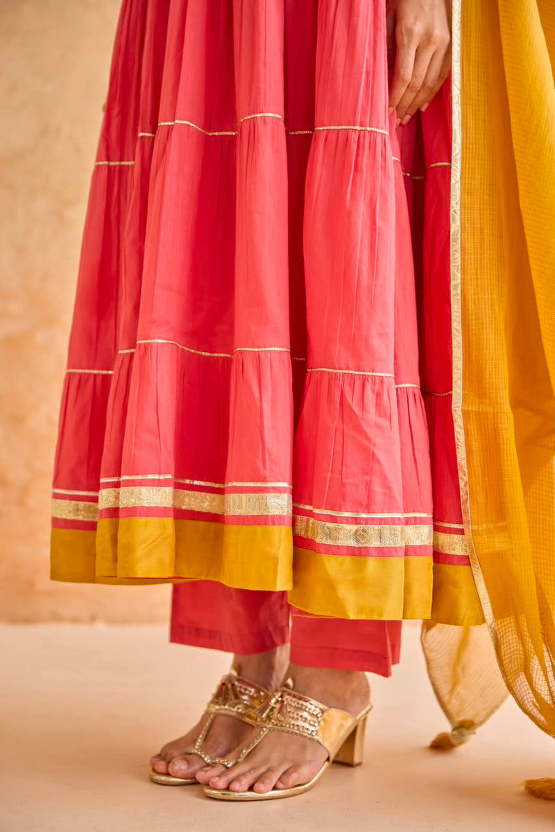Pink Tiered Gota Embroidery Anarkali Set
