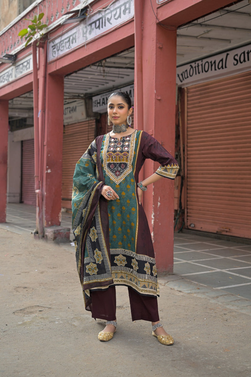 Brown & Teal Kurti Set