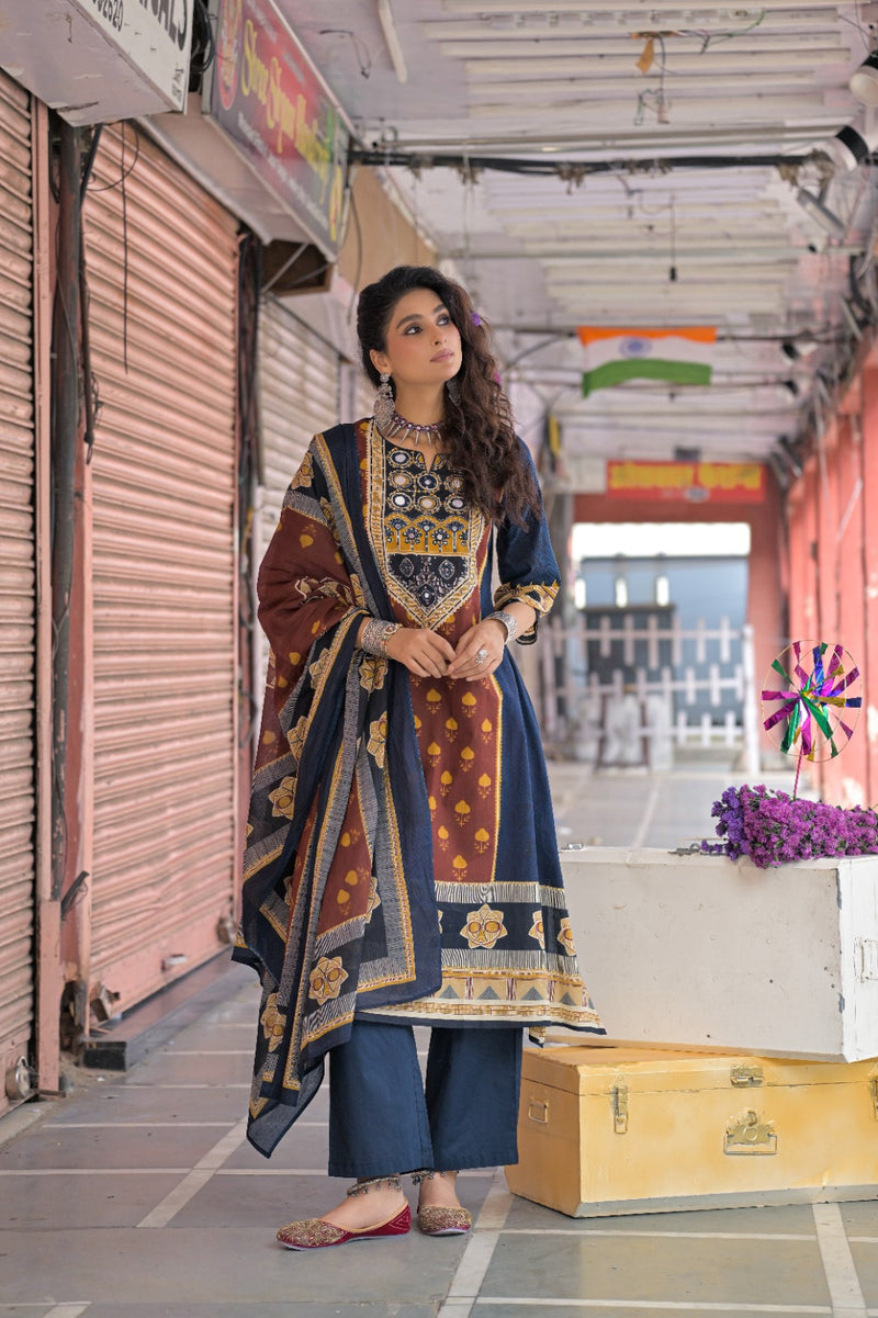 Navy Blue & Rust Kurti Set