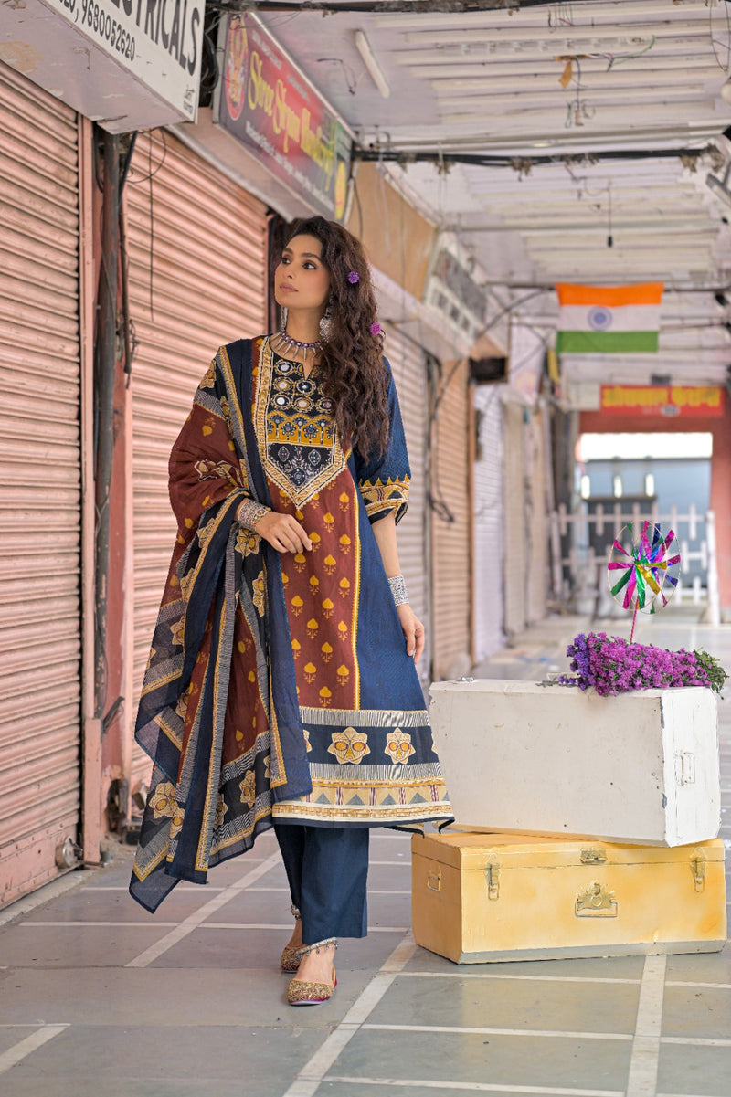 Navy Blue & Rust Kurti Set