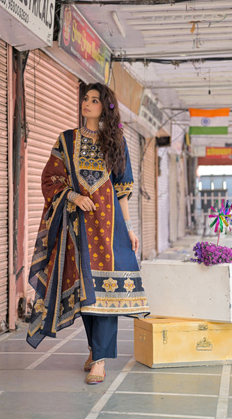 Navy Blue & Rust Kurti Set