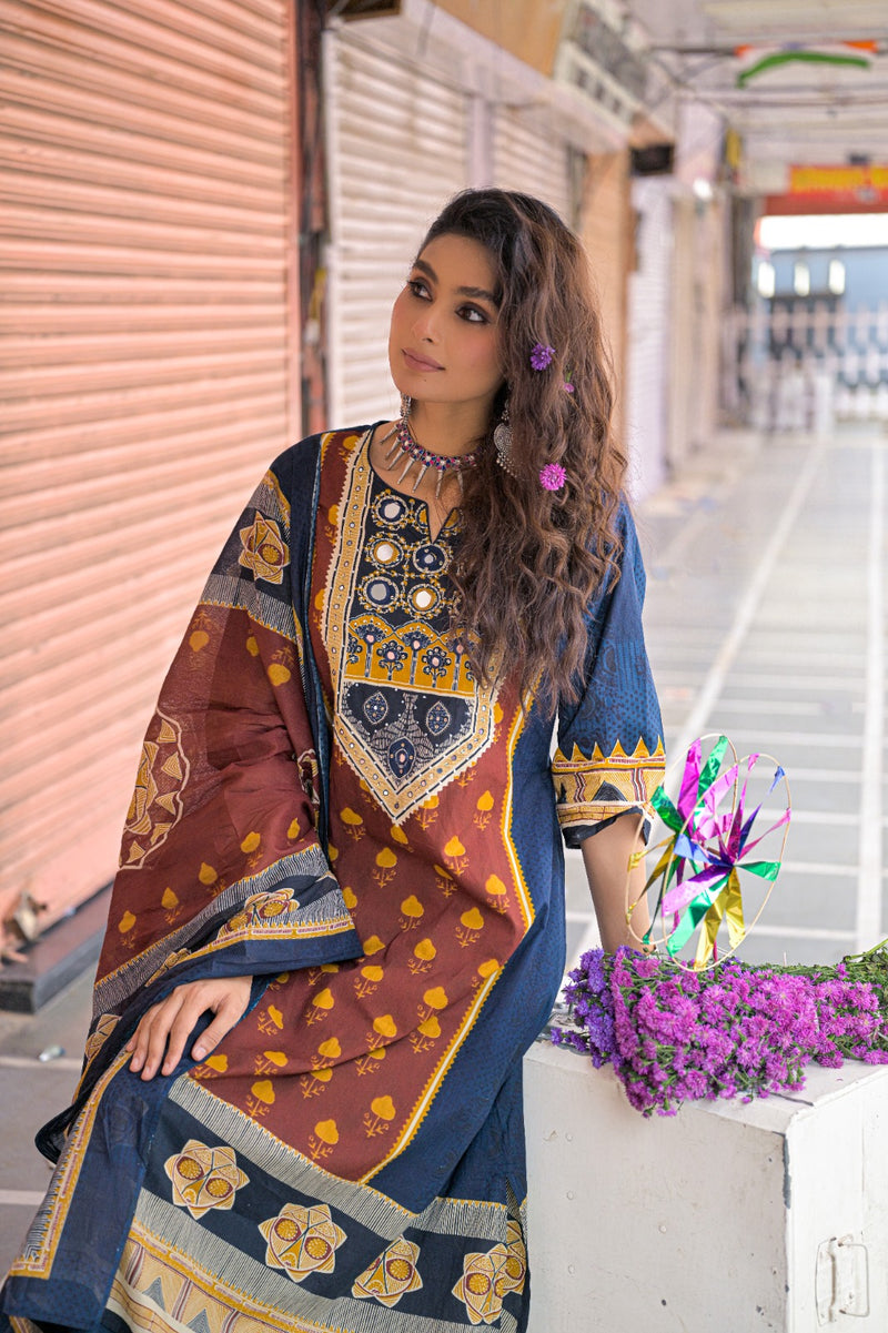 Navy Blue & Rust Kurti Set