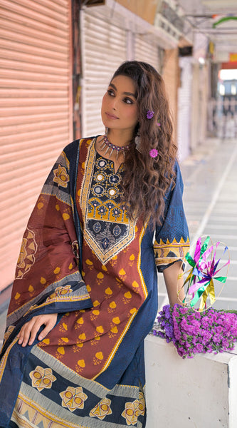 Navy Blue & Rust Kurti Set