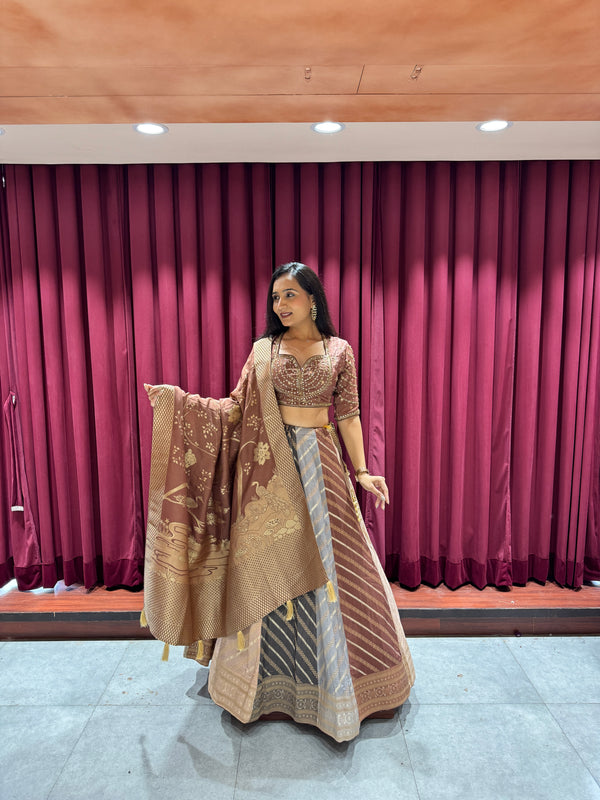 Beige Printed Lehenga Choli with Dupatta