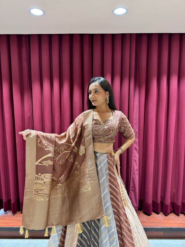 Beige Printed Lehenga Choli with Dupatta