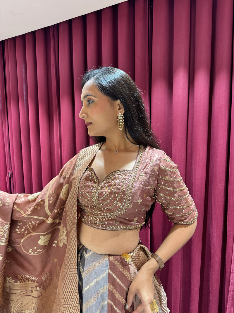 Beige Printed Lehenga Choli with Dupatta