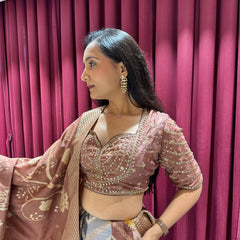 Beige Printed Lehenga Choli with Dupatta