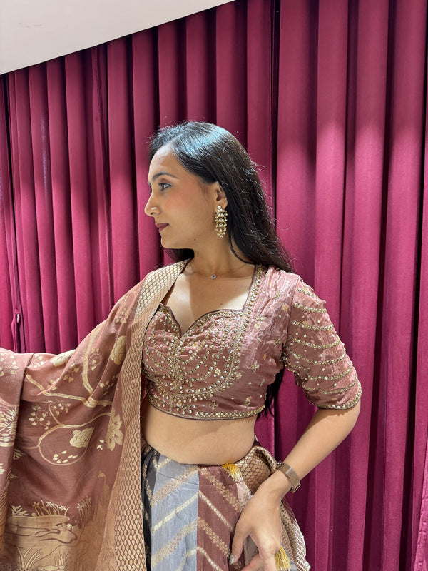 Beige Printed Lehenga Choli with Dupatta