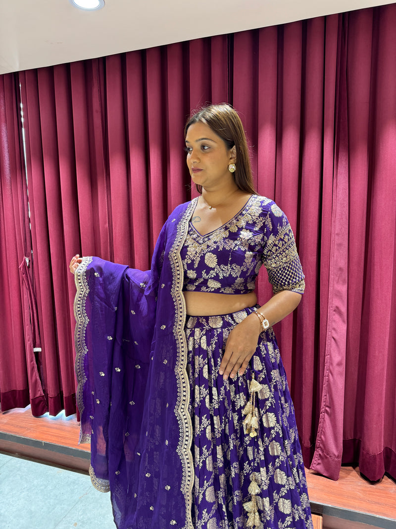 Purple Embroidered Lehenga Choli Set with Dupatta