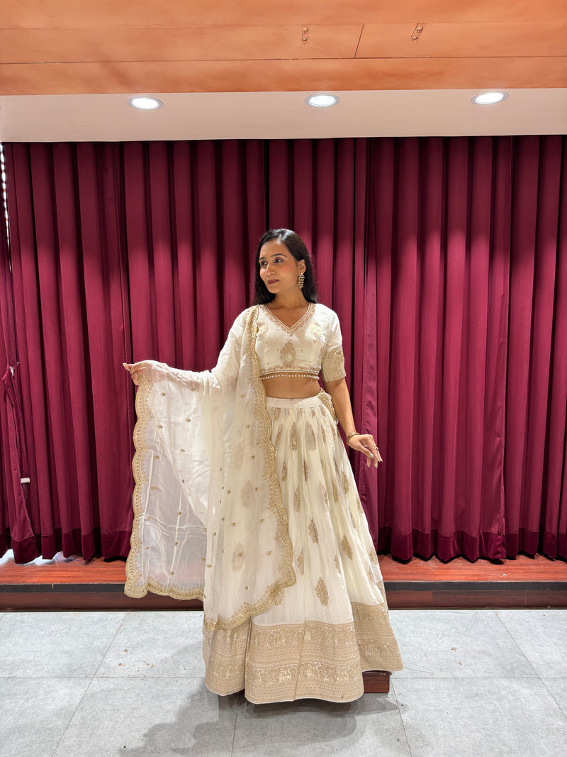 Ivory Gold Hand-Embroidered Lehenga Set