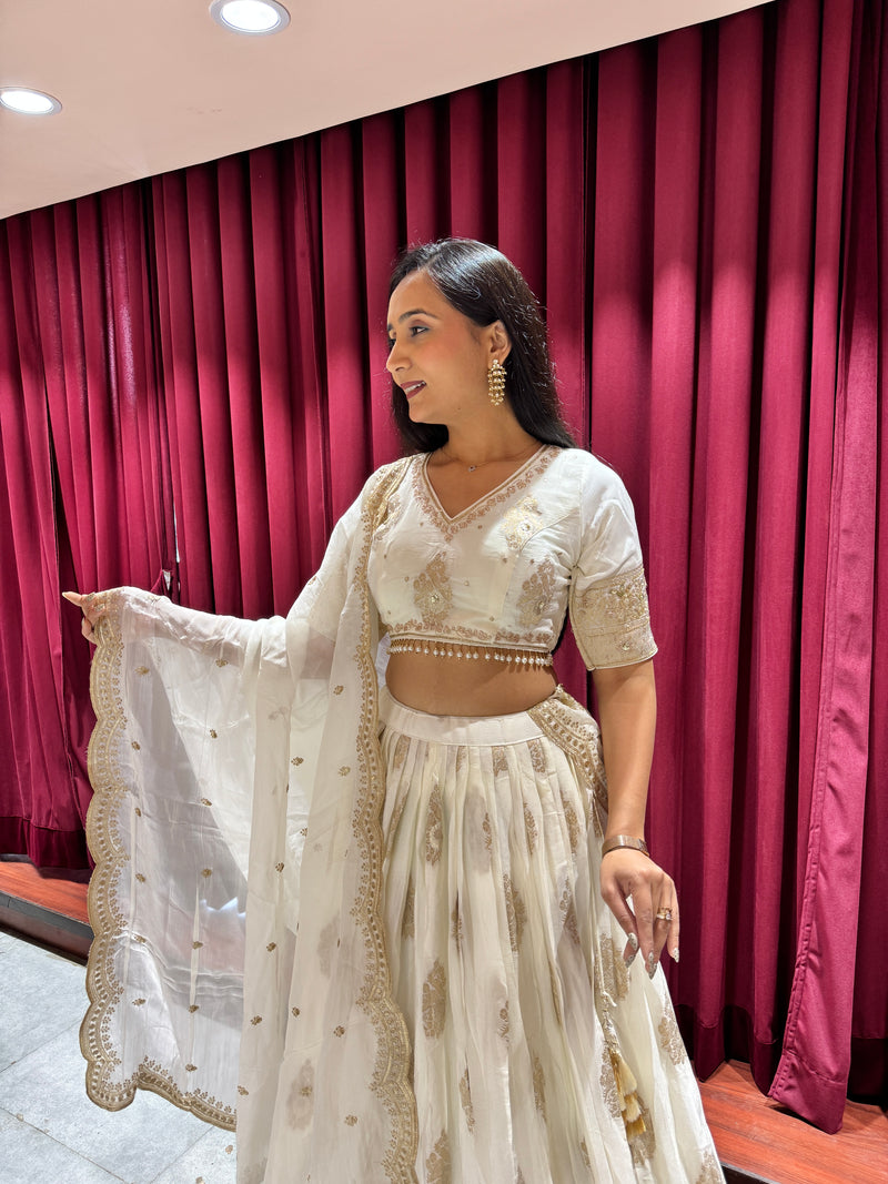 Ivory Gold Hand-Embroidered Lehenga Set