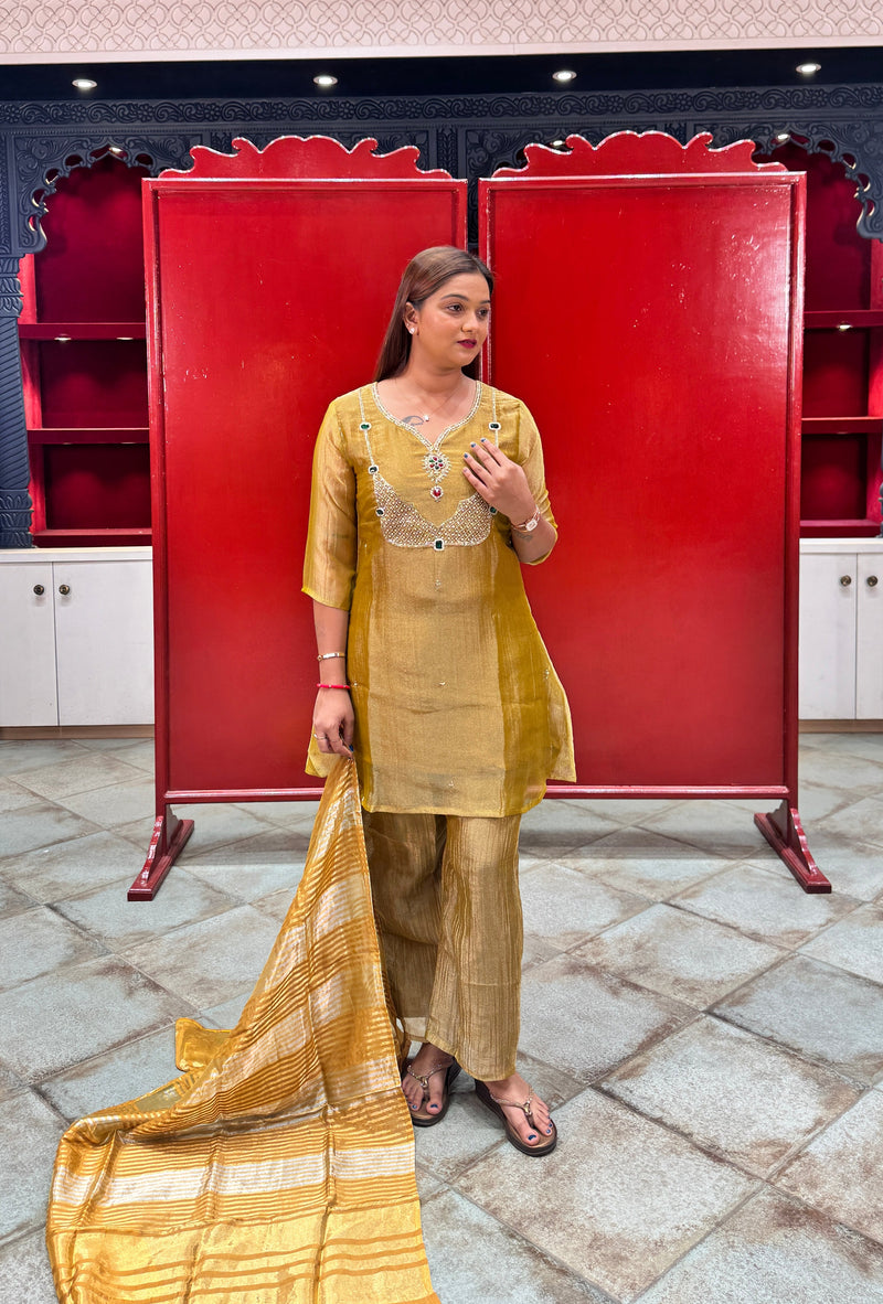 Mustard Yellow Embroidered Tissue Kurta Set